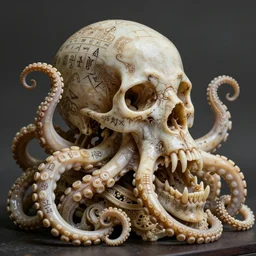 an intricately detailed carving in an alien - octopus skull, rococo ornate bone and ivory sculpted skull with teeth and tentacles, horror, artifact, micro detailed, inscribed with occult symbols, otherworldly