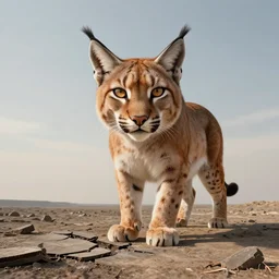 giant distorted lynx cat looming over the horizon of a broken earth, perfectly clear face, by j. c. leyendecker and beksinski