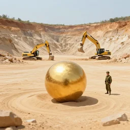 in the distance, in the center of a large sandy quarry, a large golden ball lies in the sand, a broken excavator and a man in military uniform standing nearby, stylization of a book illustration, high quality, depth of sharpness, emphasis and focus on the golden ball
