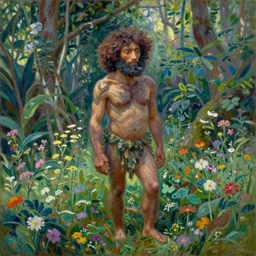 painting of a prehistoric caveman, thick jungle, wild flowers, vivid colors, by monet
