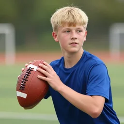 teenage blond boy with bowl cut playing football