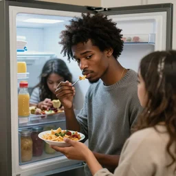 lanky black stoner with bad haircut, eating his wife's dinner furtively, open refrigerator and sulking silently, trending on artstation