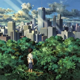 glitch ghost in the shell flcl looking over the city of trees by makoto shinkai concept art by syd mead