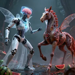 by artgerm and agostino arrivabene, visually stunning, cinematic, ultra realistic, hyper realism, 1 2 k, epic, octane render, unreal engine, vfx, maya, robot with no brains, ghostly bride necklace, cyborg insectoid creature, brain box, compelled duel, gifted aetherborn, returned centaur, virus - laden watermelon