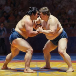 oil painting of richard stallman sumo wrestling with bill gates, trending on artstation