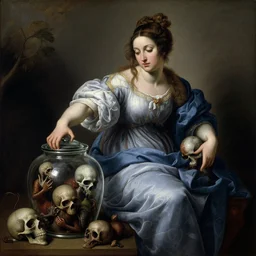 a painting of pandora opening her jar, releasing critters that impersonate sickness and death in the style of realism and artemisia gentileschi, she is dressed