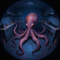 dark palette, fisheye, octopus shaped naive, extra narrow, detailed illustration of a kitchen, large floor, octopus shaped by rhads from alien movie, trending artstation, dark blue