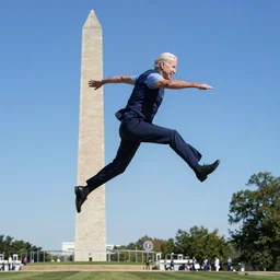 President Biden soaring gracefully through the air above Washington DC
