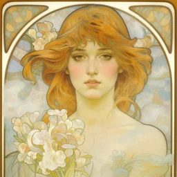 close - up fashion woman portrait airy flowers clouds by alphonse mucha greg rutkowski craig mullins