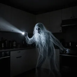 horror demon evil transparent spirit attacks in kitchen interior photos shot on iphone, dynamic pose, middle body shot, sharp focus, grainy, corpse, paranormal flashlight, night, total darkness, poltergeist