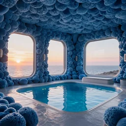 large futuristic interior room made of blue spongious material. Startrek style. With a swimming pool on the floor and large windows showing sea at dawn.
