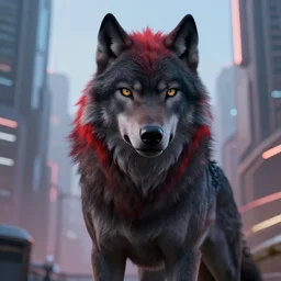 portrait of a male anthropomorphic dark gray wolf with red hair in a futuristic city, hyper detailed, digital art, trending in artstation, cinematic lighting, studio quality, smooth render, unreal engine 5 rendered, octane rendered, art style by pixar dreamworks warner bros disney riot games and overwatch.