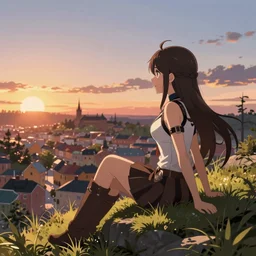 tifa lockheart sitting on a hill off to the side looking down upon swedish town, during dawn, cinematic, very warm colors, intense shadows, anime illustration, anime screenshot composite background