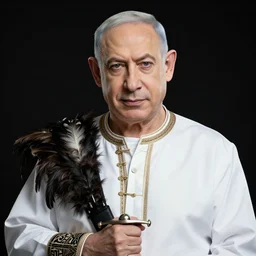 insanely detailed portrait of benjamin netanyahu, oriental clothing, feathers, laces, holding sword, black lipstick, colorful striped background, rich colors, vibrant colors, outlines, confident look, by yoshitaka amano
