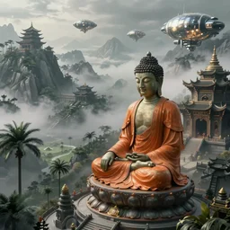 sci fi cinematic establishing shot of a single sitting buddha statue with an intricated orange robe in the style of tim white, high detail digital painting a grey - green buddhist temple on a misty high mountain, detailed reflections, high detailed valley with palm trees, high camera angle, mystic atmosphere, a detailed metallic temple on a misty mountain, shiny metallic airships with reflections, volumetric fog, perspective painting