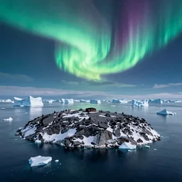 a subartic island surrounded by icebergs with Aurora borealis ultra realistic 8k bordering on artstation