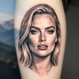 creative double exposure effect tattoo design sketch of margot robbie face faded with beautiful mountain scenery, realism tattoo, in the style of matteo pasqualin, amazing detail, sharp
