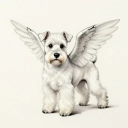reinacensse sketch, white schnauzer dog with two open wings, da vinci