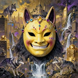 hyper realistic Princess Mononoke in her mask, busy metropolis, city landscape, wolves, magic, castle, jewels, style of tom bagshaw, mucha, james gurney, norman rockwell, gems and gold, waterfalls, denoised, sharp, yellow purple and black colours,