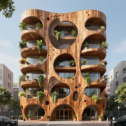 hyperrealstic photo of 3 d rendering front view of a futuristic timber building in an urban setting, the building has many balconies with hanging plants, parts of the building are covered with wooden facade that has huge holes, the wooden facade havs thick mesh with large holes for balconies and windows, zaha hadid, frank ghery, 8 k