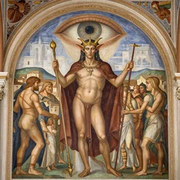 Thelema God Morgante the Demon stands above the small townfolk leering with enormous eye fresco by giotto