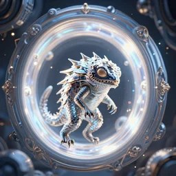 octane render, a shiny scaly weird creature climbing out of a shining glowing magical mystical portal in the center of an ancient spell book open on a table, dark and moody, magical realism