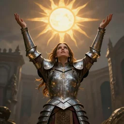 indigenous woman starring at the sky, with arms up, praying at the sun, weared in full plate armor, face of kate beckinsale, gorgeous female, dungeon background, matte painting, fantasy art