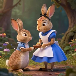 an insanely intricate detailed beautifull 3 d render of alice in wonderland meeting with rabbit, unreal engine, octane render, redshift, 8 k resolution, cell shaded rendering, soft dramatic lighting, cinematic, subsurface scattering, anti aliashing, by disney