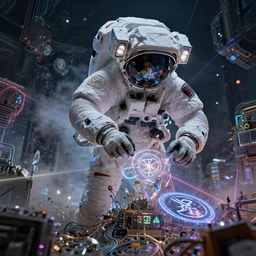 astronaut constructing sigils, technology and magick, circuitry and sigils combined, photorealistic, royo, frazetta, leds, dust, laser light, crystalline shimmers, chaos, complexity, emergence,