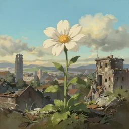 a flower grows against the background of a ruined city, painting by Craig Mullins, octane rendering, soft morning lighting, wide angle lens, in the style of Hayao Miyazaki, trending on artstation,