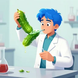 drunk scientist called rick whit blue hair turning him self into a pickle during an experiment, digital art