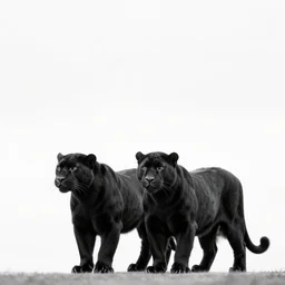 two black panthers black and white portrait white sky in background