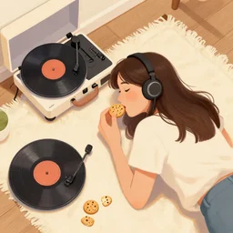 Girl laying on the floor and eating cookies while listening to a record player digital art trending on artstation drawn by Ross tran overhead view
