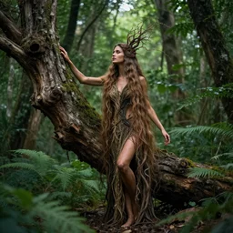a forest wood goddess, beautiful, protecting the forest, enchanting, lush, unique, amazing, realistic