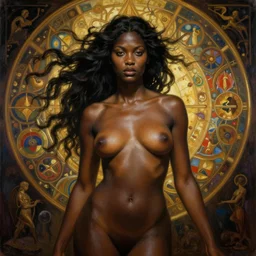 hyper realistic painting of the persephone, detailed and perfect face, perfect and proportional body, black skin, sensual, in the style of wayne barlowe, gustav moreau, goward, gaston bussiere and roberto ferri, santiago caruso, and austin osman spare, bouguereau, mucha, saturno butto, sorayama. occult art, alchemical diagram