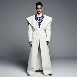 male ulzzang with white leather garment, black porcelain makeup, purple crystal jewelry, full shot, fashion photography, by irving penn and storm thorgerson, ren heng