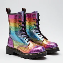 hyperrealistic product photo of rainbow combat boots made out of glitter, unicorn tears, and stardust, high resolution, 8 k,
