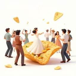 a crowd of mexicans dancing around giant Nachos in a wedding,