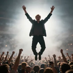 backlit geert wilders levitating and raising both his arms amid epic crowd