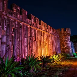 torch by night the wall wood fortress tropical with little plant along borderland style vivid colorful  Hyperrealistic CGI Photorealistic cinematic volume lighting fanart on ArtStation  concept art