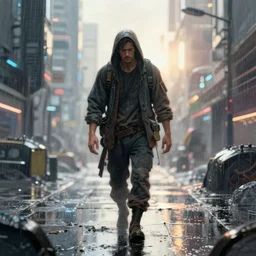an exhausted warrior wandering through a lost cyberpunk city from left to right, rainy day, radiant light, digital painting, art station, cell shaded, by les edwards, by greg rutkowski