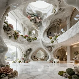 highly detailed ultra sharp 3 d render gorgeous interior villa cinematic composition of a smooth ceramic porcelain biomorphic magnolia stone nebula fluid award winning fractal sci - fi surreal architecture, white granite, corals, lichen, marble, moss, vincent callebaut composition, mamou - mani, archviz, beautiful lighting, 8 k, unreal engine, hdr
