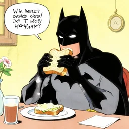 Batman eating a sandwich in the style of Doonesbury