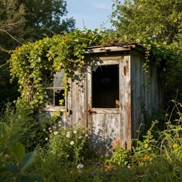 post apocalyptic overgrown shed, covered in vines with wildflowers growing near the base, 3 PM sunny, humid