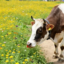 Mechanical cow drinking from a flower