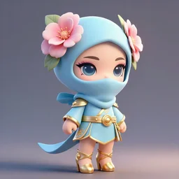 cute little ninja with flowers in her hair wearing makeup and high heels, blue, light pink, gold color scheme. highly detailed, artgerm, cushart krenz, artstation, soft light, sharp focus, illustration, character design, concept art