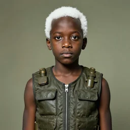 black boy with white hair wearing bullet proof vest, salvador dali style