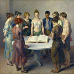 by camille corot, by jakub rozalski, by bert hardy van dyke brown, prismatic unified, energetic. a beautiful body art of a group of people standing around a circular table. in the center of the table is a large, open book. the people in the body art are looking at the book with interest & appear to be discussing its contents.