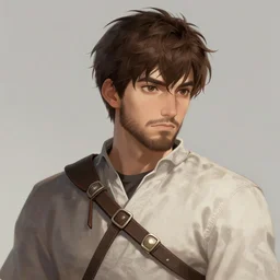 a brown haired young swordsman with a short beard in the style of marc simonetti