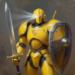 head-on portrait of a yellow android wearing paladin armor and carrying a big sword and a huge heavy shield, light beaming out of eye, by Roger Dean, by Anton Fadeev, by albert bierstadt, magical realism, oil on canvas, soft render, octane, artstation